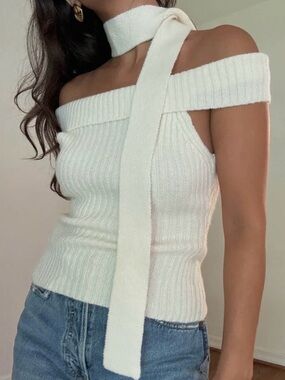 Women’s Off-Shoulder Knit Sweater Top with Detached Scarf Detail — Cream Color